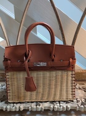 Woven Raffia Tote with Cognac Leather Trim